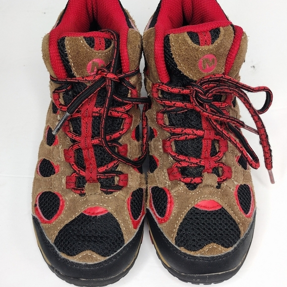 Merrell Suede Brown Red Performance Footwear Hiking Lace Up Boots Sz 1 - Picture 8 of 11